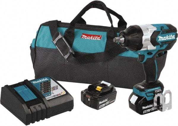 Makita - 1/2" Drive 18 Volt Pistol Grip Cordless Impact Wrench & Ratchet - 1,850 RPM, 750 Ft/Lb Torque, 2 Lithium-Ion Batteries Included - Exact Tool & Supply