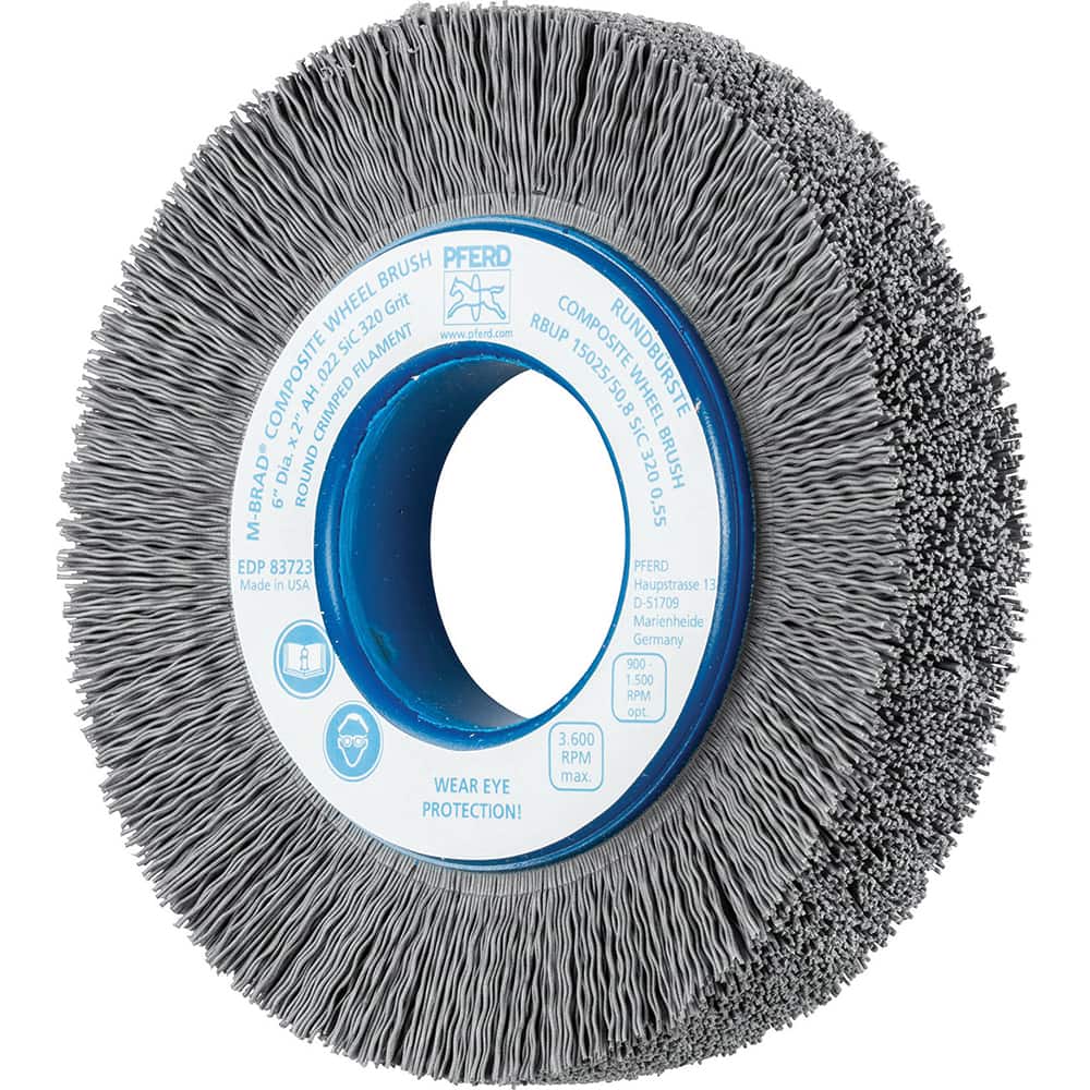 PFERD - Wheel Brushes; Outside Diameter (Inch): 6 ; Wire Type: Crimped; Round ; Fill Material: Nylon; Silicon Carbide ; Trim Length (Inch): 1-1/4 ; Filament Wire Diameter Range: 0.0200-0.0299 ; Maximum RPM: 3600.000 - Exact Tool & Supply