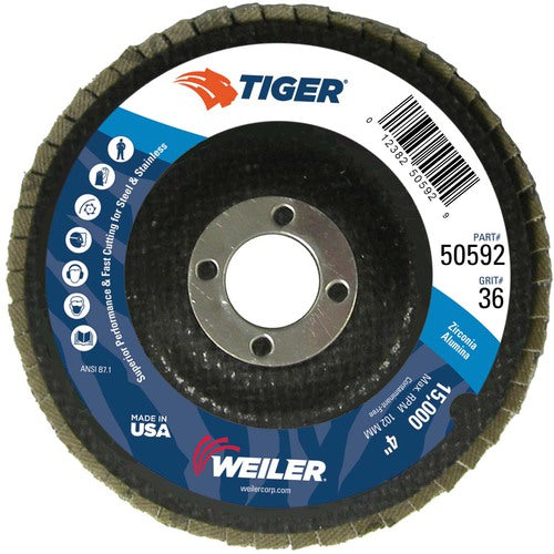 4″ Tiger Disc Abrasive Flap Disc, Angled, Phenolic Backing, 36Z, 5/8″ Arbor Hole - Exact Tool & Supply