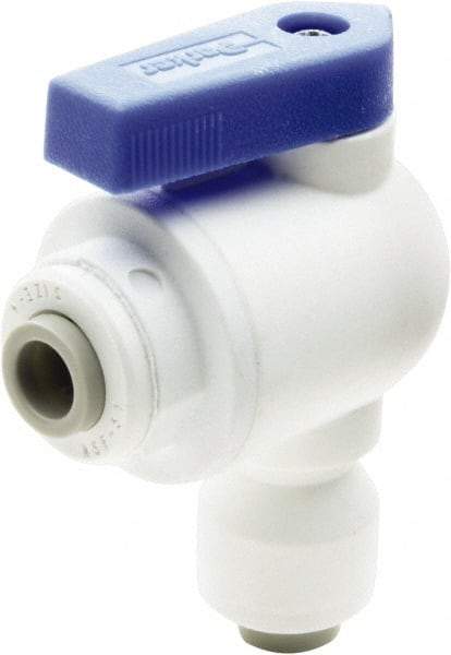 Parker - 3/8 x 1/4" Pipe, Full Port, Polypropylene Valve Elbow Union Ball Valve - Bi-Directional, Push-to-Connect x Push-to-Connect Ends, Wedge Handle, 150 WOG - Exact Tool & Supply