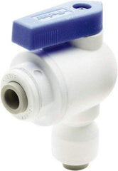 Parker - 1/4 x 3/8" Pipe, Full Port, Polypropylene Valve Elbow Union Ball Valve - Bi-Directional, Push-to-Connect x Push-to-Connect Ends, Wedge Handle, 150 WOG - Exact Tool & Supply