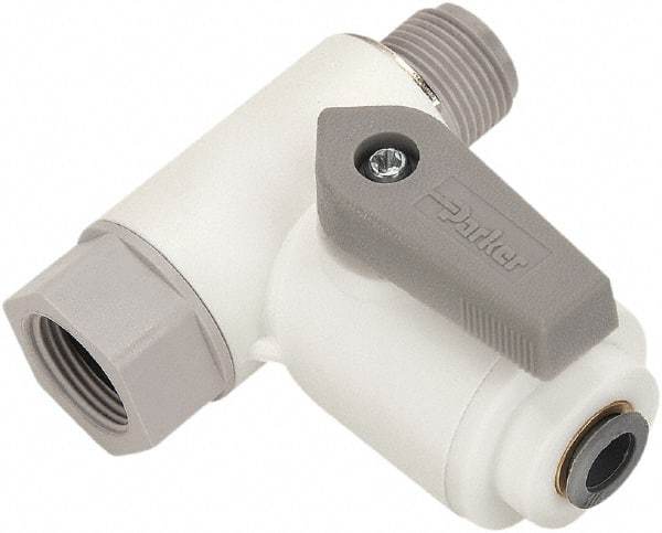 Parker - 3/8 x 1/2" Pipe, Full Port, Polypropylene Valve Angle Stop Ball Valve - Bi-Directional, Push-to-Connect x MNPT x FNPT Ends, Wedge Handle, 150 WOG - Exact Tool & Supply
