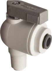 Parker - 3/8" Pipe, Full Port, Polypropylene Valve Male Elbow Ball Valve - Bi-Directional, MNPT x Push-to-Connect Ends, Wedge Handle, 150 WOG - Exact Tool & Supply