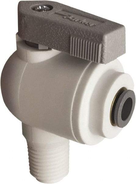 Parker - 3/8" Pipe, Full Port, Polypropylene Valve Male Elbow Ball Valve - Bi-Directional, MNPT x Push-to-Connect Ends, Wedge Handle, 150 WOG - Exact Tool & Supply