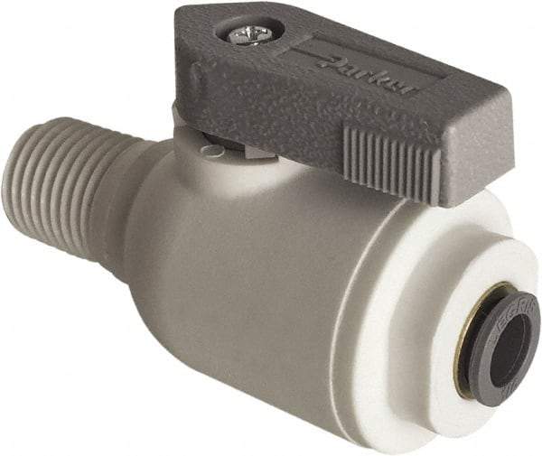 Parker - 3/8" Pipe, Full Port, Polypropylene Valve Male Connector Ball Valve - Bi-Directional, MNPT x Push-to-Connect Ends, Wedge Handle, 150 WOG - Exact Tool & Supply