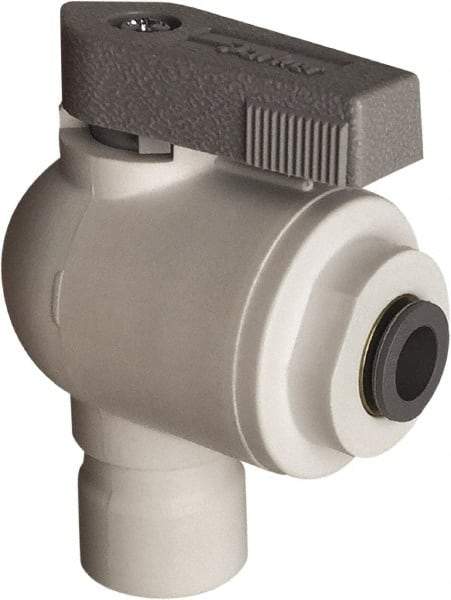 Parker - 3/8" Pipe, Full Port, Polypropylene Valve Elbow Union Ball Valve - Bi-Directional, Push-to-Connect x Push-to-Connect Ends, Wedge Handle, 150 WOG - Exact Tool & Supply