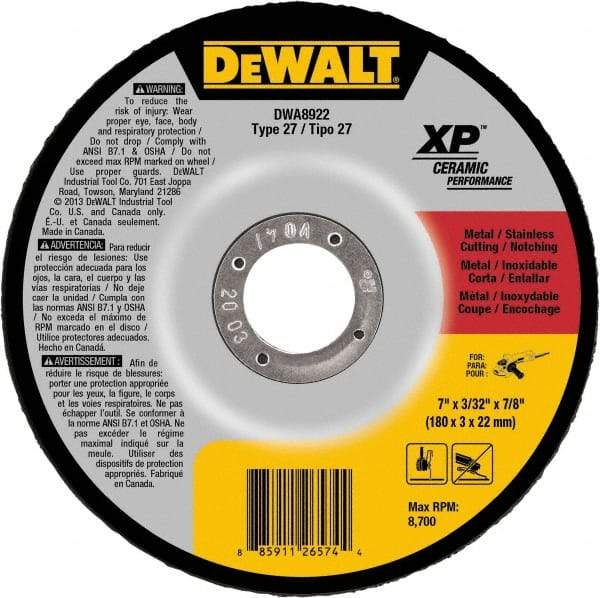 DeWALT - 24 Grit, 7" Wheel Diam, 7/8" Arbor Hole, Type 27 Depressed Center Wheel - Coarse/Medium Grade, Ceramic, N Hardness, 8,700 Max RPM - Exact Tool & Supply