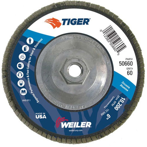 6″ Tiger Disc Abrasive Flap Disc, Angled, Phenolic Backing, 60Z, 5/8″-11 UNC Nut - Exact Tool & Supply