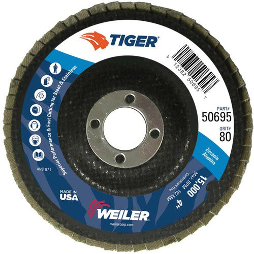 4″ Tiger Disc Abrasive Flap Disc, Flat, Phenolic Backing, 80Z, 5/8″ Arbor Hole - Exact Tool & Supply