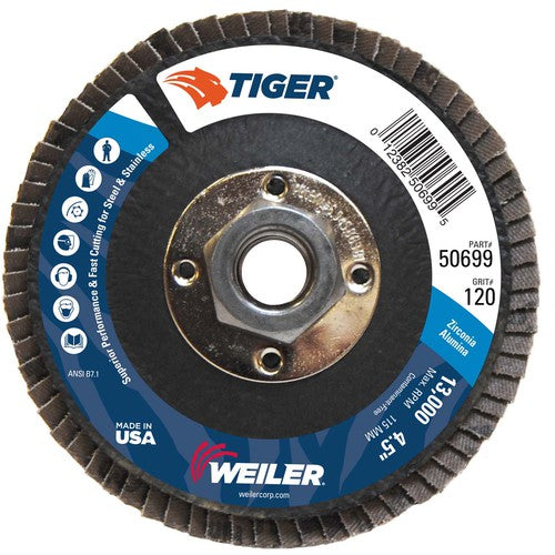 4-1/2″ Tiger Disc Abrasive Flap Disc, Flat, Phenolic Backing, 120Z, 5/8″-11 UNC Nut - Exact Tool & Supply