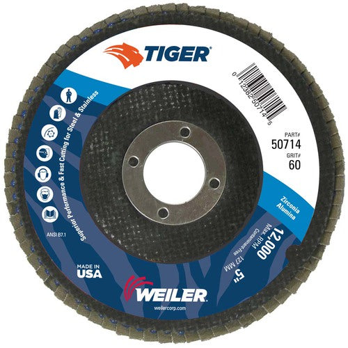 5″ Tiger Disc Abrasive Flap Disc, Flat, Phenolic Backing, 60Z, 7/8″ Arbor Hole - Exact Tool & Supply