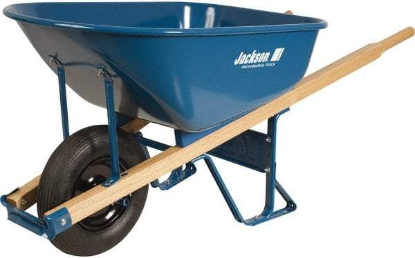 Jackson Professional Tools - 6 Cu Ft Capacity Wheelbarrow with 16" Pneumatic Wheel - Wood Handle, 58-3/4" Long x 25-1/2" Wide x 27" High, Blue - Exact Tool & Supply