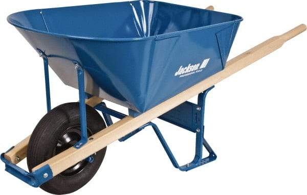 Jackson Professional Tools - 6 Cu Ft Capacity Wheelbarrow with 16" Pneumatic Wheel - Wood Handle, 58-1/2" Long x 26-3/4" Wide x 27" High, Blue - Exact Tool & Supply