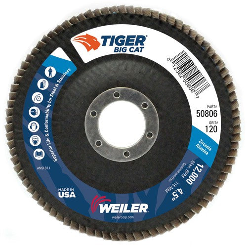 4-1/2″ Big Cat Abrasive Flap Disc, Flat, Phenolic Backing, 120Z, 7/8″ Arbor Hole - Exact Tool & Supply