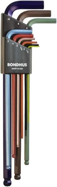 Bondhus - 9 Piece L-Key Ball End Hex Key Set - Hex Range 1.5 to 10mm, 8.4" OAL - Exact Tool & Supply