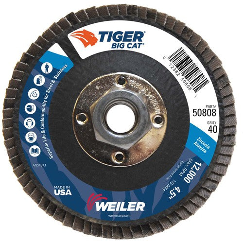 4-1/2″ Big Cat Abrasive Flap Disc, Flat, Phenolic Backing, 40Z, 5/8″-11 UNC Nut - Exact Tool & Supply