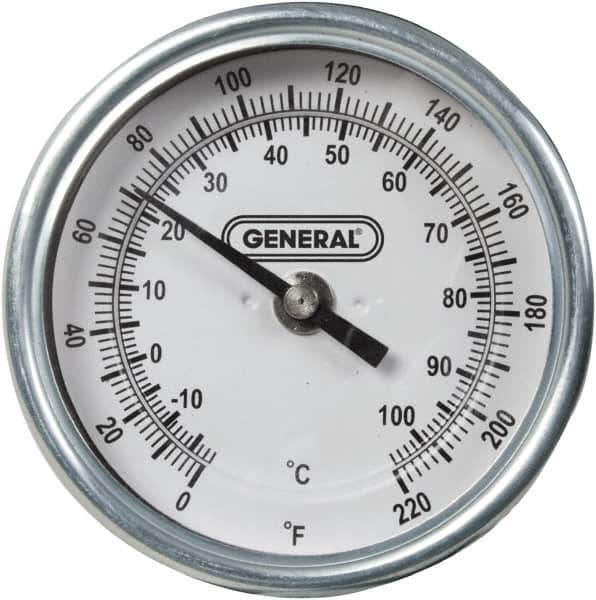 General - 36 Inch Long Stem, 3 Inch Dial Diameter, Back Connected Bi-Metal Thermometer - 220°Fahrenheit - Exact Tool & Supply