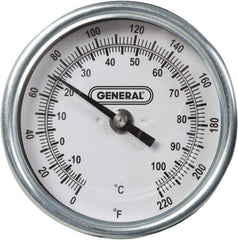General - 36 Inch Long Stem, 3 Inch Dial Diameter, Back Connected Bi-Metal Thermometer - 220°Fahrenheit - Exact Tool & Supply