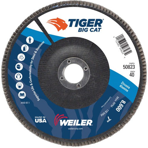 7″ Big Cat Abrasive Flap Disc, Flat, Phenolic Backing, 40Z, 7/8″ Arbor Hole - Exact Tool & Supply
