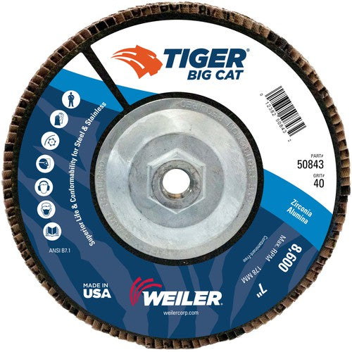 7″ Big Cat Abrasive Flap Disc, Flat, Phenolic Backing, 40Z, 5/8″-11 UNC Nut - Exact Tool & Supply