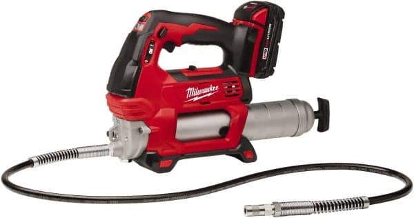 Milwaukee Tool - 10,000 Max psi, Flexible Battery-Operated Grease Gun - 14 oz Capacity, 31 Strokes per oz, Includes Grease Gun, Gauge Hose Assembly, Coupler, 18 V Rechargeable Battery, 30-Minute Charger, Carrying Case & Carrying Strip - Exact Tool & Supply