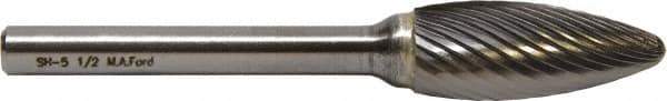 M.A. Ford - 1/8" Cut Diam, 1/8" Shank Diam, Flame Head Fine Cut Burr - Carbide, Radius End, 1/4" LOC, 3" OAL - Exact Tool & Supply