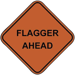 PRO-SAFE - "Flagger Ahead", 48" Wide x 48" High, Nylon Construction Roadway Signs - Orange, Square, Sign Stand Mount - Exact Tool & Supply