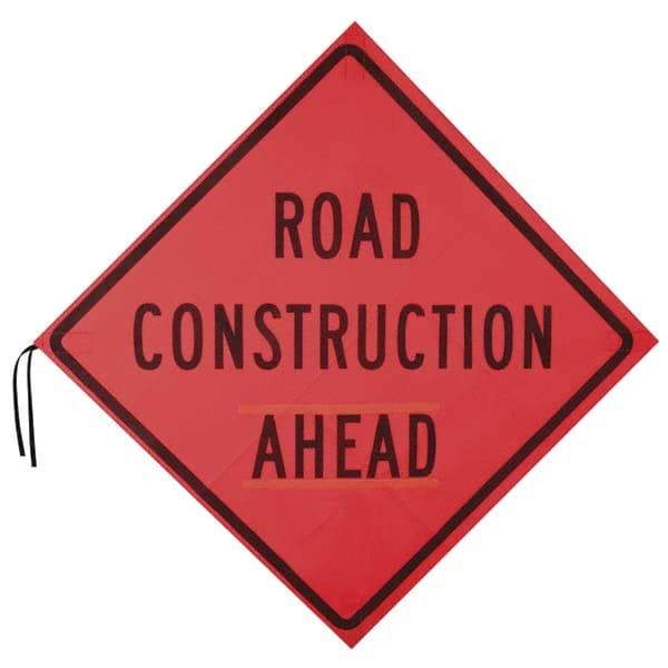 PRO-SAFE - "Road Construction Ahead", 48" Wide x 48" High, Nylon Construction Roadway Signs - Orange, Square, Sign Stand Mount - Exact Tool & Supply