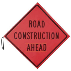 PRO-SAFE - "Road Construction Ahead", 48" Wide x 48" High, Nylon Construction Roadway Signs - Orange, Square, Sign Stand Mount - Exact Tool & Supply