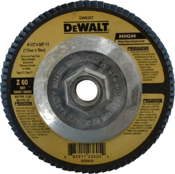 DeWALT - 60 Grit, 4-1/2" Disc Diam, 5/8-11 Center Hole, Type 27 Zirconia Alumina Flap Disc - 13,300 Max RPM, Fiberglass Backing, Arbor Attaching System, Coated - Exact Tool & Supply