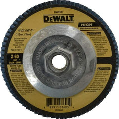 DeWALT - 60 Grit, 4-1/2" Disc Diam, 5/8-11 Center Hole, Type 27 Zirconia Alumina Flap Disc - 13,300 Max RPM, Fiberglass Backing, Arbor Attaching System, Coated - Exact Tool & Supply