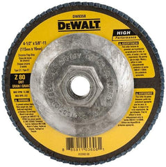 DeWALT - 80 Grit, 4-1/2" Disc Diam, 5/8-11 Center Hole, Type 27 Zirconia Alumina Flap Disc - 13,300 Max RPM, Fiberglass Backing, Arbor Attaching System, Coated - Exact Tool & Supply