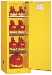 Justrite - 1 Door, 3 Shelf, Yellow Steel Space Saver Safety Cabinet for Flammable and Combustible Liquids - 65" High x 23-1/4" Wide x 18" Deep, Self Closing Door, 22 Gal Capacity - Exact Tool & Supply
