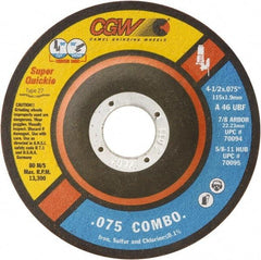 Camel Grinding Wheels - 46 Grit, 5" Wheel Diam, 5/64" Wheel Thickness, 7/8" Arbor Hole, Type 27 Depressed Center Wheel - Medium Grade, Aluminum Oxide, Resinoid Bond, U Hardness, 12,250 Max RPM - Exact Tool & Supply