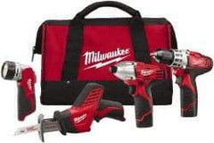 Milwaukee Tool - 12 Volt Cordless Tool Combination Kit - Includes 3/8" Drill/Driver, Reciprocating Saw, 1/4" Hex Impact Driver & Work Light, Lithium-Ion Battery Not Included - Exact Tool & Supply