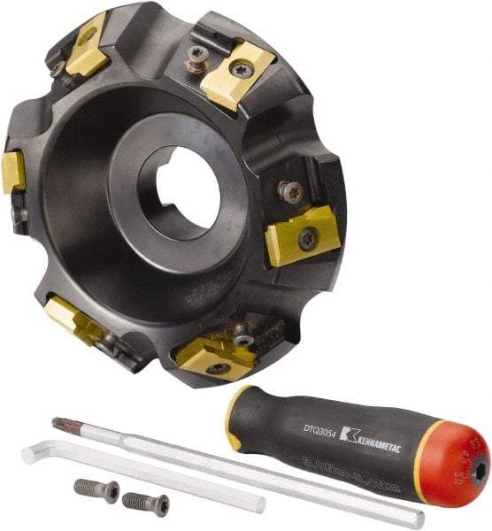 Kennametal - 5" Cut Diam, 1-1/2" Arbor Hole, 21.41mm Max Depth of Cut, 30° Indexable Chamfer & Angle Face Mill - 6 Inserts, LN.U 2210... Insert, Right Hand Cut, 6 Flutes, Series MEGA60 - Exact Tool & Supply