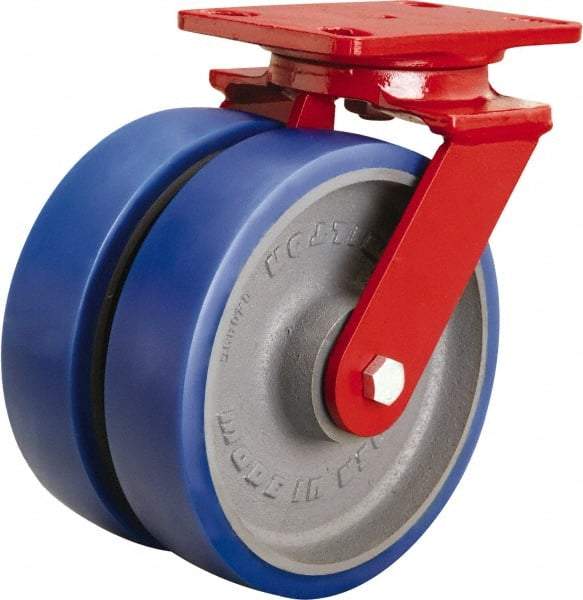Hamilton - 8" Diam x 2" Wide x 9-3/4" OAH Top Plate Mount Swivel Caster - Polyurethane Mold onto Cast Iron Center, 2,400 Lb Capacity, Sealed Precision Ball Bearing, 4-1/2 x 6-1/2" Plate - Exact Tool & Supply