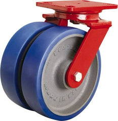 Hamilton - 8" Diam x 2" Wide x 9-3/4" OAH Top Plate Mount Swivel Caster - Polyurethane Mold onto Cast Iron Center, 2,400 Lb Capacity, Tapered Roller Bearing, 4-1/2 x 6-1/2" Plate - Exact Tool & Supply