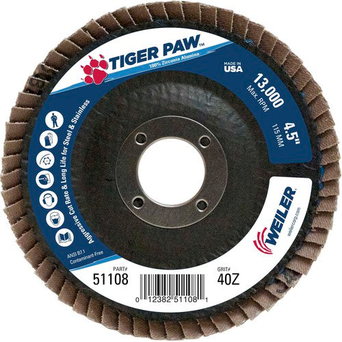 4 1/2″ × 7/8″-40 Grit - T27 Tiger Paw Zirc Flap Disc Phenolic Back - Exact Tool & Supply