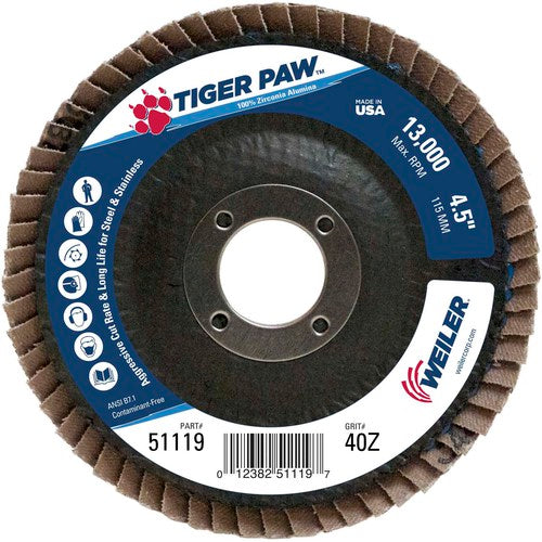 ‎4-1/2″ Tiger Paw Abrasive Flap Disc, Angled, Phenolic Backing, 40Z, 7/8″ Arbor Hole - Exact Tool & Supply