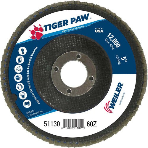 5″ Tiger Paw Abrasive Flap Disc, Flat, Phenolic Backing, 60Z, 7/8″ Arbor Hole - Exact Tool & Supply