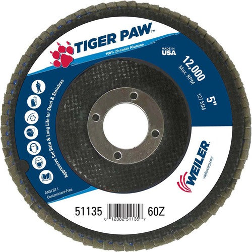 5″ Tiger Paw Abrasive Flap Disc, Angled, Phenolic Backing, 60Z, 7/8″ Arbor Hole - Exact Tool & Supply