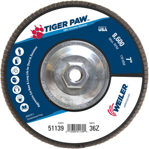 7″ Tiger Paw Abrasive Flap Disc, Flat, Phenolic Backing, 36Z, 5/8″-11 Arbor Hole - Exact Tool & Supply