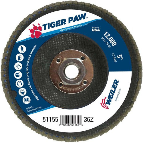 5″ Tiger Paw Abrasive Flap Disc, Angled, Phenolic Backing, 36Z, 5/8″-11 Arbor Hole - Exact Tool & Supply