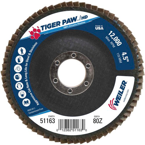 4 1/2″ × 7/8″-80 Grit - T27 Tiger Paw High Density Zirc Flap Disc Phenolic Back - Exact Tool & Supply