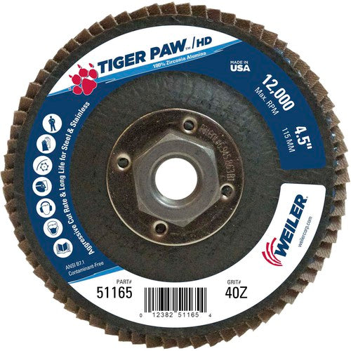 4 1/2″ × 5/8″-11-40 Grit - T27 Tiger Paw High Density Zirc Flap Disc Phenolic Back - Exact Tool & Supply