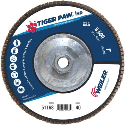 7″ Tiger Paw Super High Density Flap Disc, Flat, Phenolic Backing, 40Z, 5/8″-11 Arbor Hole - Exact Tool & Supply