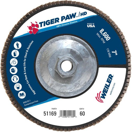 7″ Tiger Paw Super High Density Flap Disc, Flat, Phenolic Backing, 60Z, 5/8″-11 Arbor Hole - Exact Tool & Supply
