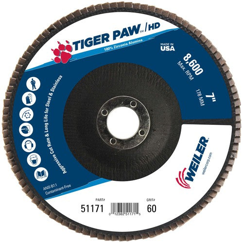 7″ Tiger Paw Super High Density Flap Disc, Flat, Phenolic Backing, 60Z, 7/8″ Arbor Hole - Exact Tool & Supply