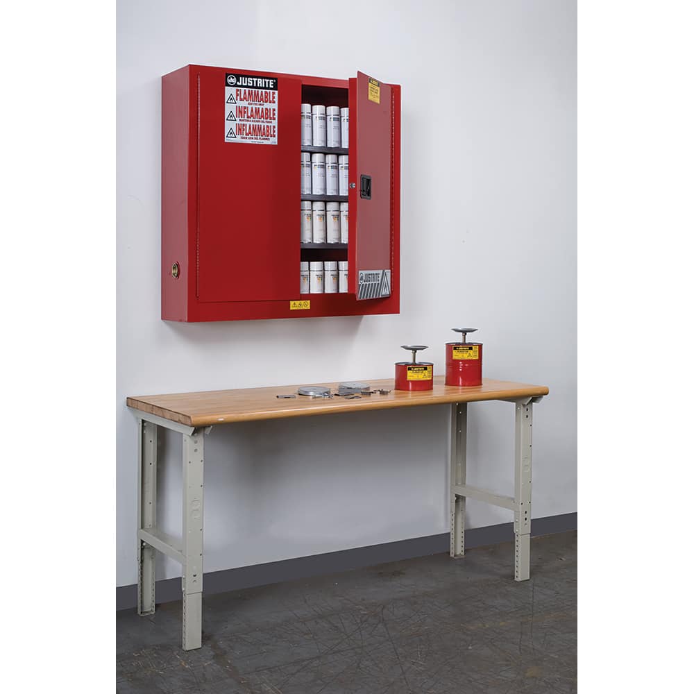 Justrite - 2 Door 3 Shelf 20 Gal Wall Mount Safety Cabinet for Flammable Substances - Exact Tool & Supply